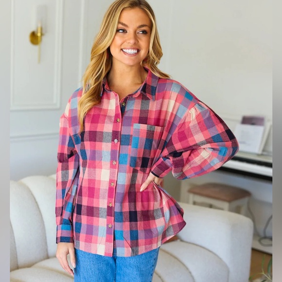 Oversized Button Down Mauve Washed Lightweight Plaid Top, Puff Shoulder, Small - Picture 2 of 11